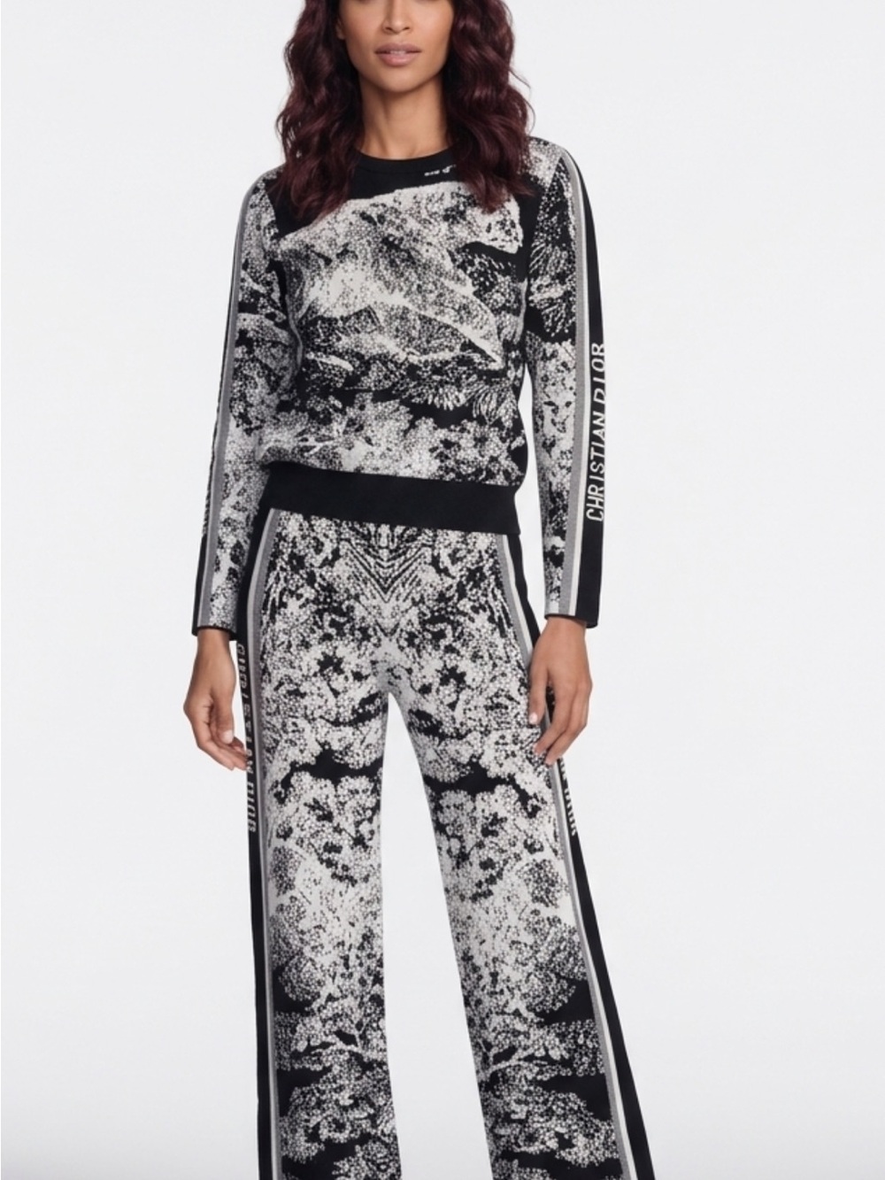 Dior Black & White Patterned Wide-Leg Knit Pants and Sweater Set